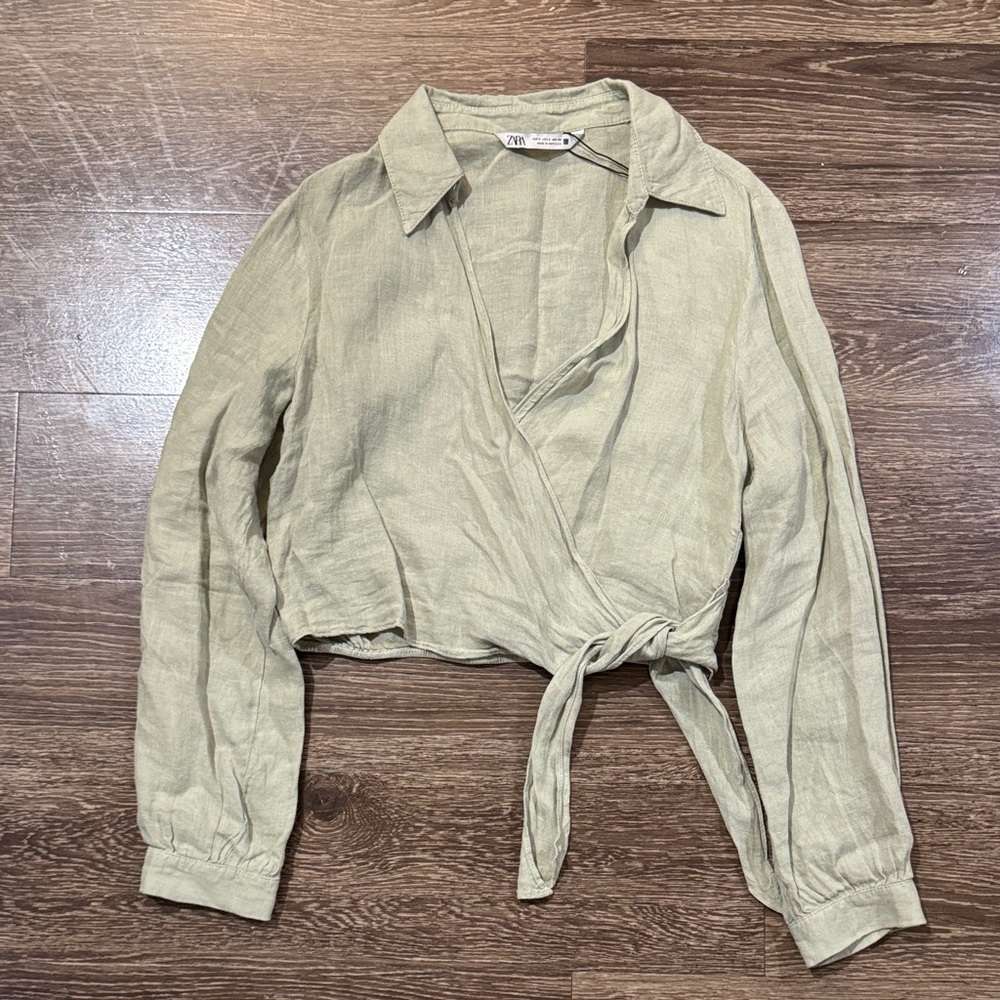Zara Sage Green Wrap Tie Shirt 100% Linen